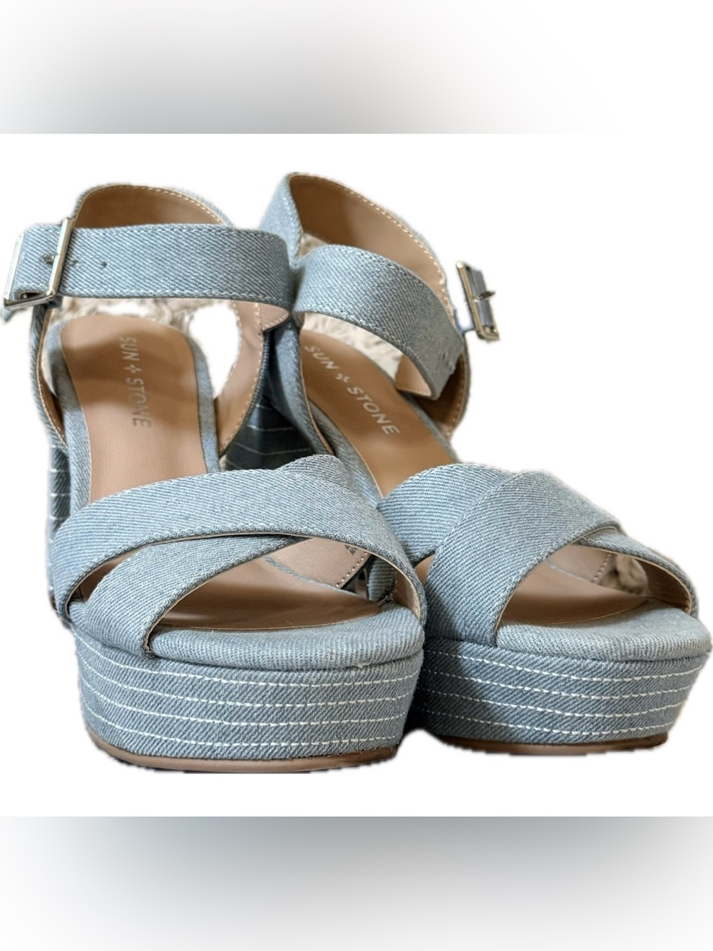 ☀️Sun + Stone Denim Platform Block Heel Sandals Size 6.5 ☀️